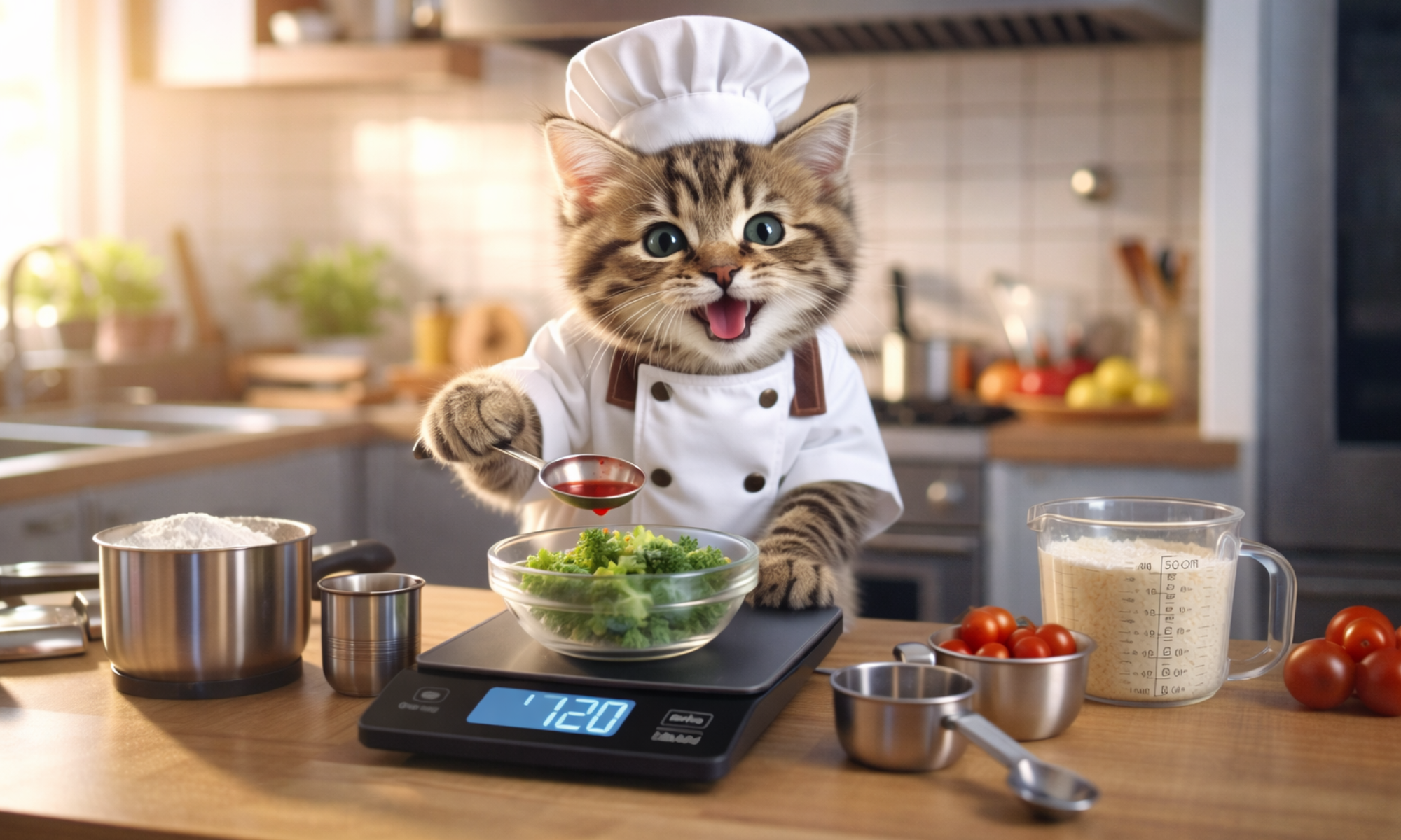 Cute kitten chef using a digital kitchen scale for meal prep in a modern kitchen